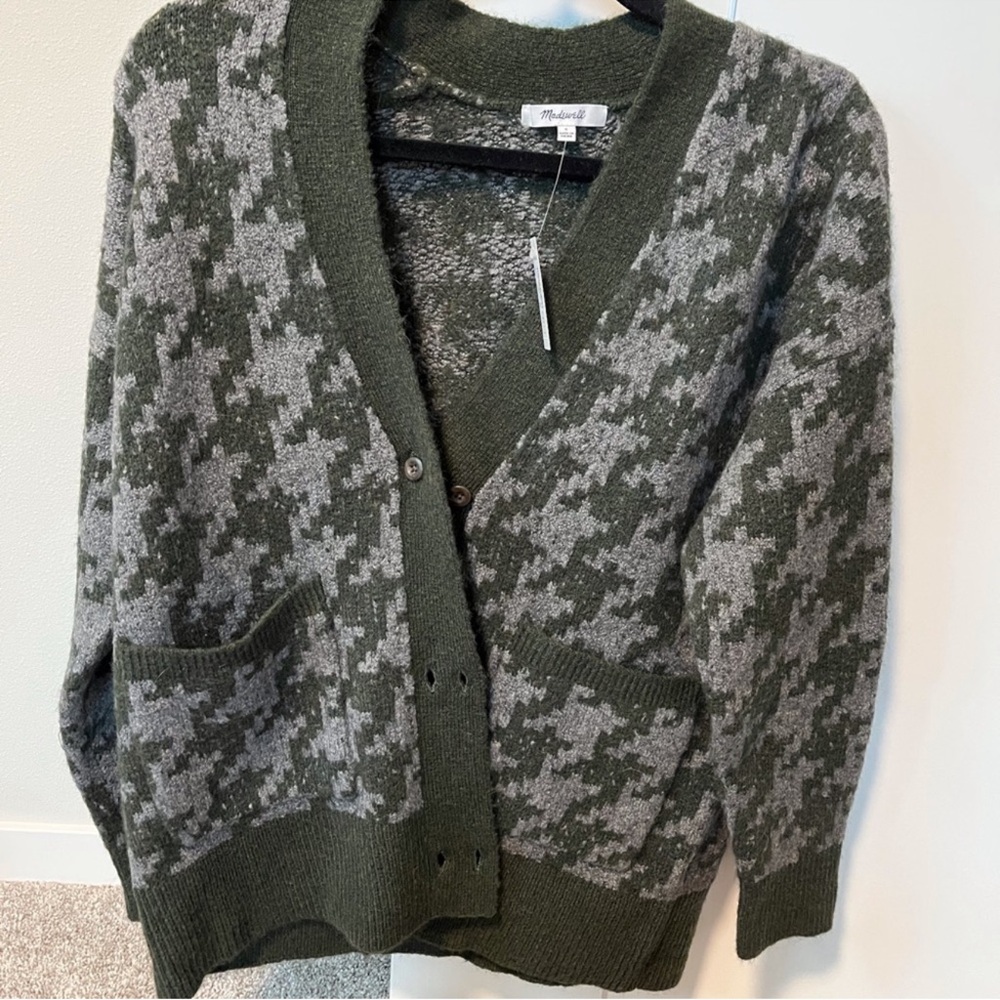 Madewell Green and Gray Houndstooth Cardigan